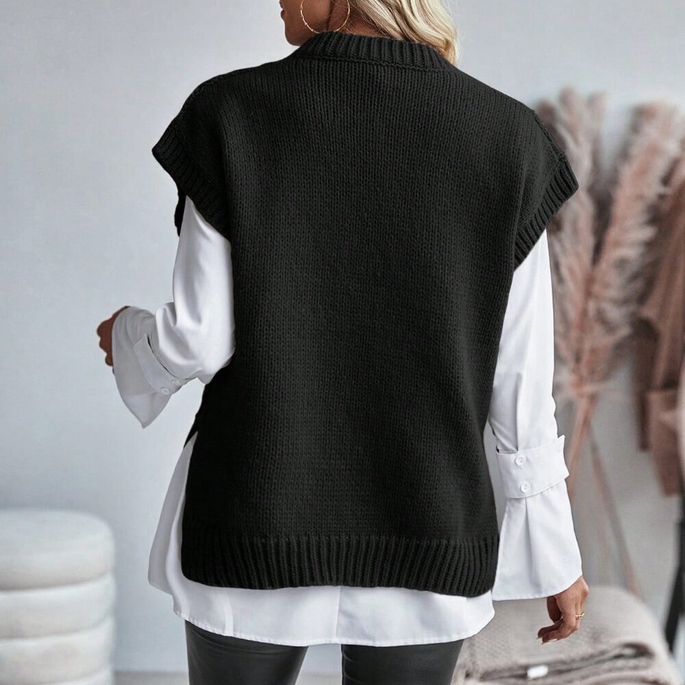 Black Casual Women's Cable Knitted Sleeveless Sweater Vest - Picture 2 of 6